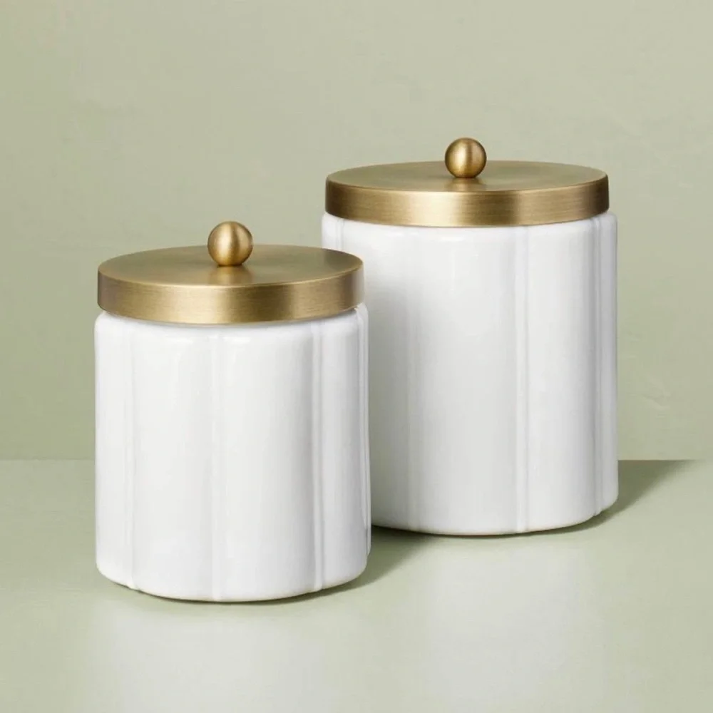 Hearth & Hand Small Milk Glass Bath Canister with Metal Lid Brass Finish